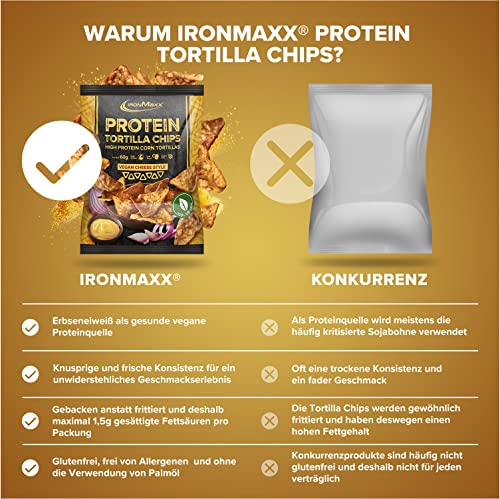 IronMaxx Protein Tortilla Chips – Vegan Cheese Style 60g | Knusprige Eiweißchips aus Soja & Maniok | High Protein Snack | Low Carb, ballaststoffreich, glutenfrei & vegan | Für bewusste Ernährung