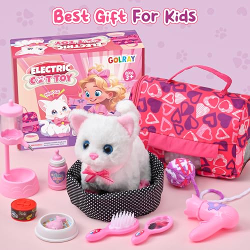 Golray Cat Toys for Kids Girls Gift, Electronic Interactive Plush Toy Cat Can Walk and Meow - 16 Pcs Carrier & Pet Groom Feed Care Pretend Play Set, Birthday Gift for Toddler Little Girl 3 4 5 6 7 8 9 - Thumbnail 7