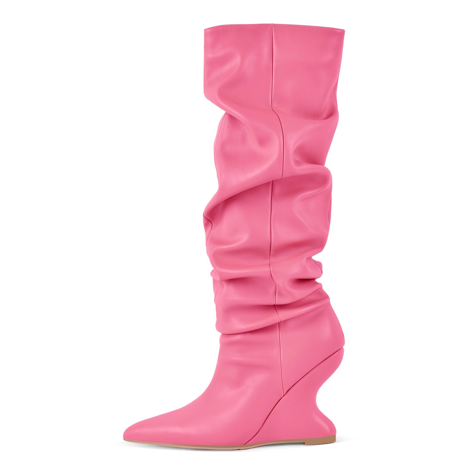Womens Pointed Toe Wedge Boots Slouchy Pull On High Heels