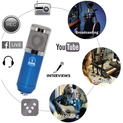 Image of ZHIZUKA BM800 Condenser Microphone Adjustable Boom Arm + Shock Mount + Pop Filter | Recording, Podcast, Streaming, Voice Overs, Singing, YouTube | Mobile, PC, MAC, PS4 | Need additional 48V Phantom Power | 3.5mm Mic - Blue