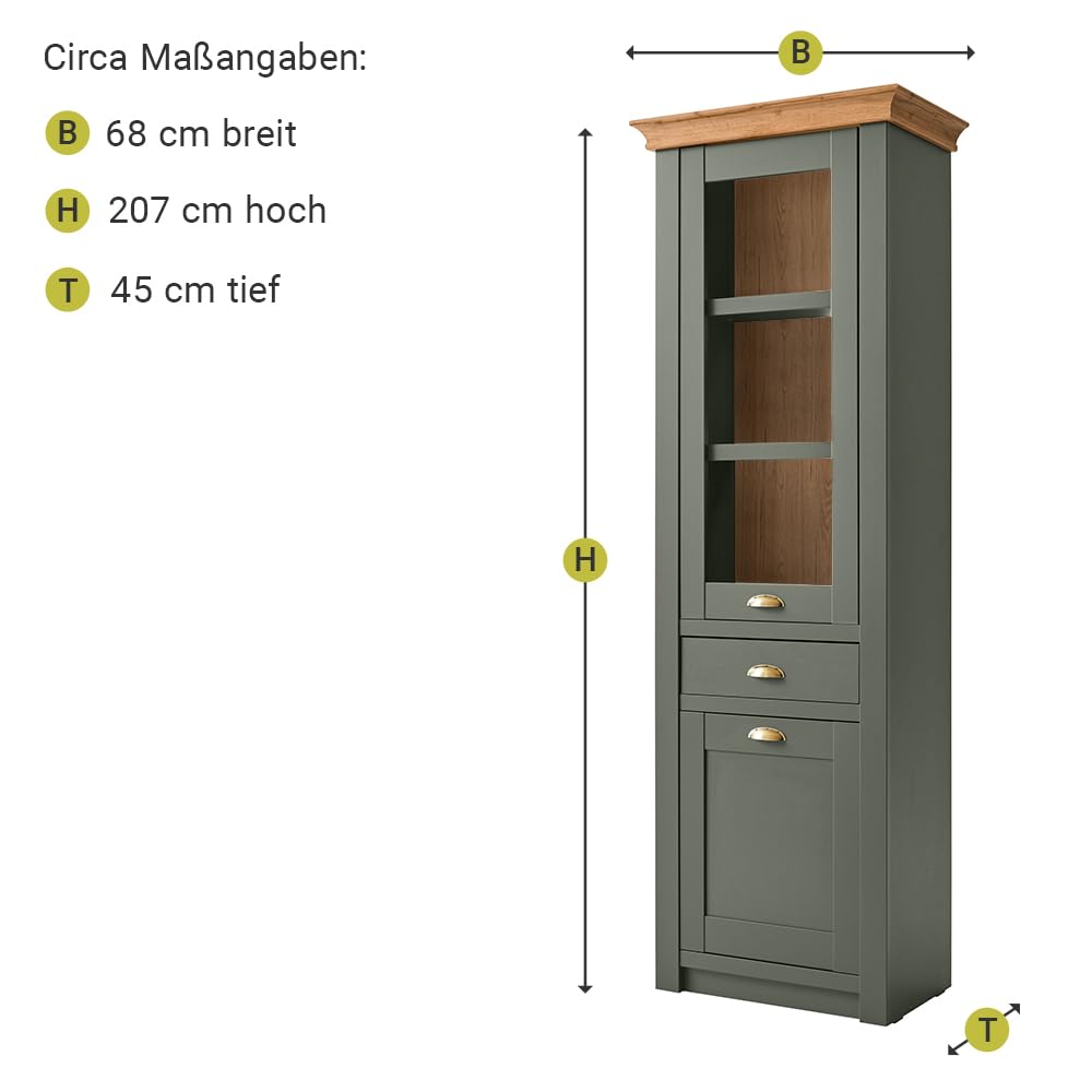 Lomadox Landhaus Wohnwand Set mit Anrichte, grün mit Wotan Eiche, mit Beleuchtung, Regalschrank, Standvitrine, TV-Lowboard, Wandregal und Sideboard