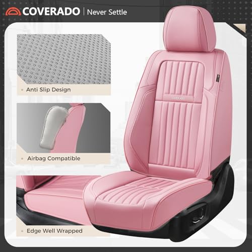Image of Coverado Car Seat Covers Full Set, Seat Covers for Cars, Car Seat Cover, Car Seat Protector, Leather Car Seat Cushion, Waterproof Car Seat Covers Front Seats and Back Fit for Most Cars(Pink)