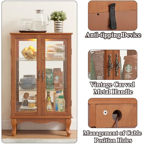 Image of 43 inch H Lighted Curio Cabinet Display Case with Light Bulb, Glass Curio Cabinet with Adjustable Shelves & Tempered Glass Door, Wooden Cabinets w /Mirrored Back Pane for Living Room(Oak)
