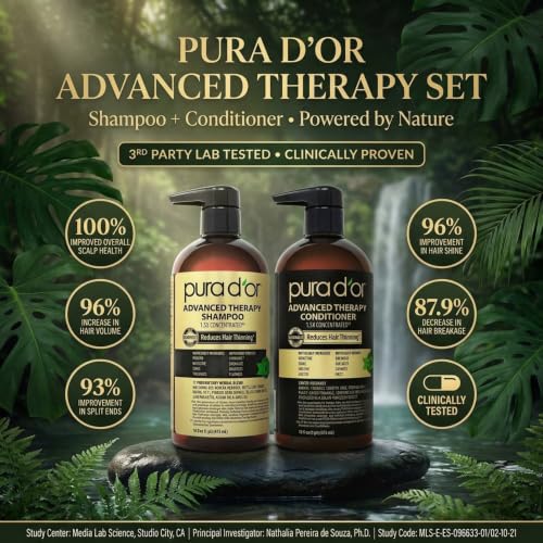 Image of PURA D'OR Advanced Therapy Biotin Shampoo & Hair Regrowth Conditioner Set For Hair Thinning, CLINICALLY TESTED Effective Thickening Results, For Women & Men, Invigorating Forest Scent, 16oz x2