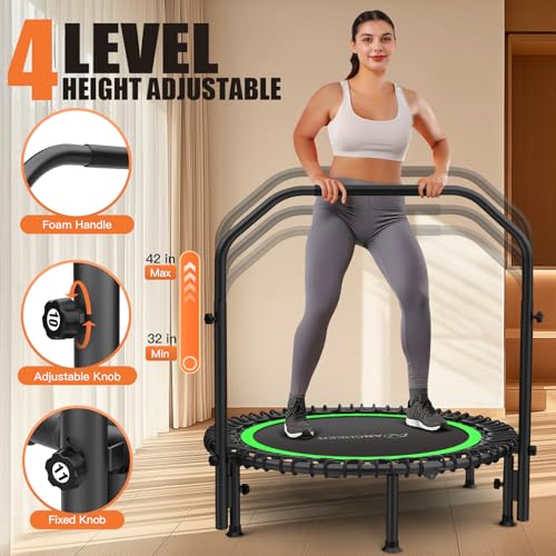 Image of ANCHEER 40 inch /48 inch Foldable Mini Trampoline,Max Load 450lbs /550lbs Indoor Trampoline,with 4 Level Adjustable Foam Handle and Resistance Bands,Adult Exercise Trampoline for Home, Garden, and Gym