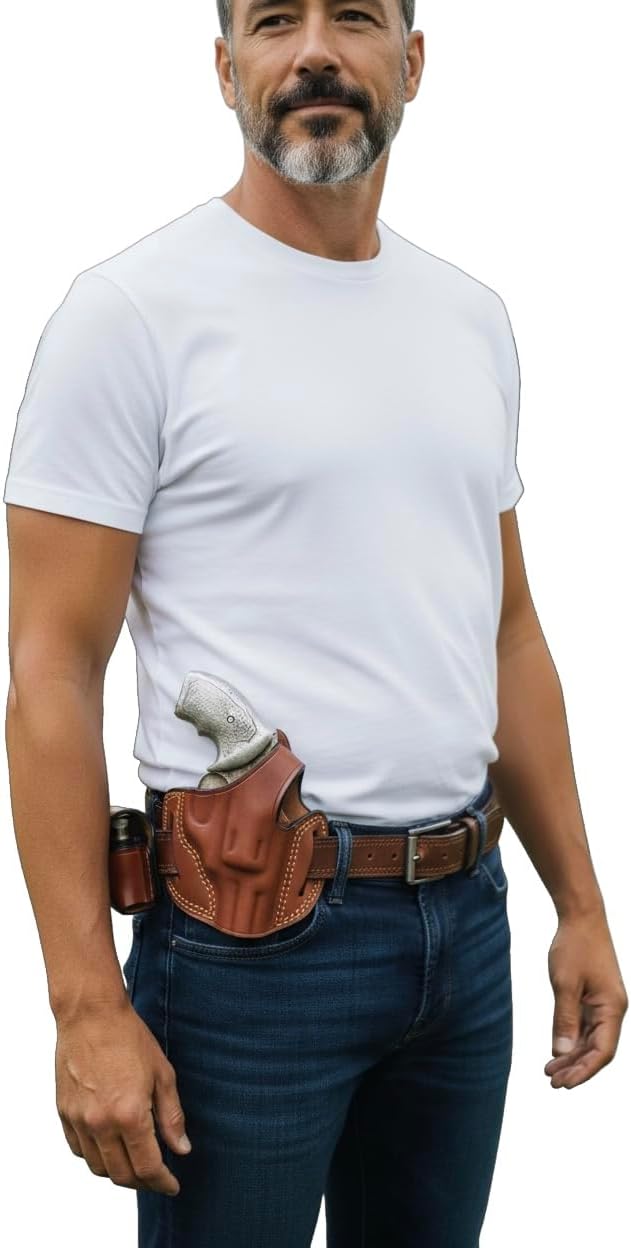SWORD Holster | for Ruger SP101 Revolver 5 Shot Leather OWB 2 inch Holster Black and Brown + Loader