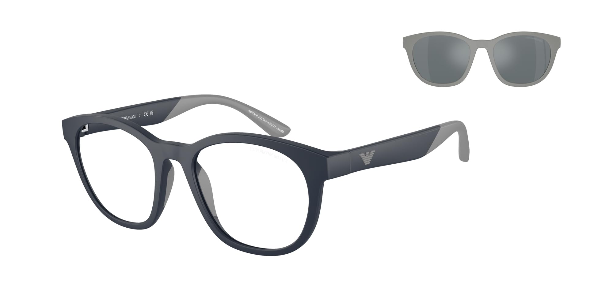 Emporio Armani EK4001 Prescription Eyewear Frames with Interchangeable Sun Clip-Ons Round, Matte Blue/Clear/Grey Mirrored, 47 mm