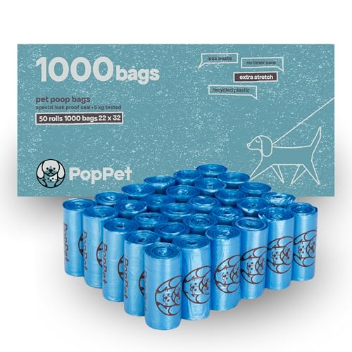 Poppet, Sacchetti Igienici Extra Stretch per Escrementi Cani, Resistenti, Facili da Aprire e a Prova di Perdite, in Materiale Riciclato, per Tutti i Dispenser (Normali, 1000 Sacchetti)