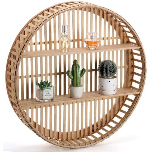 Pinkunn Rattan Wall Shelf Round Wicker Shelves Boho Wall Mounted Display Storage 2 Tier Circle Farmhouse Home Decorations for Dining Room Living Room Office Kitchen Bathroom