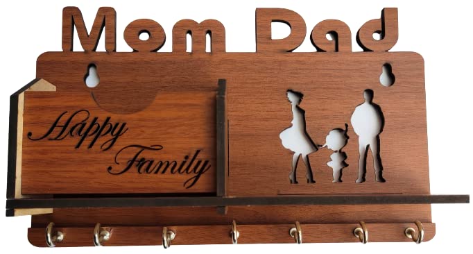 Image of Mom Dad Keys Holder Happy Family Key Organizer Designer Wooden Key Holder Wooden Keychain Holder for Home, Living Room, Office Wall Decor Great Gift Item Mobile and Pen Holder