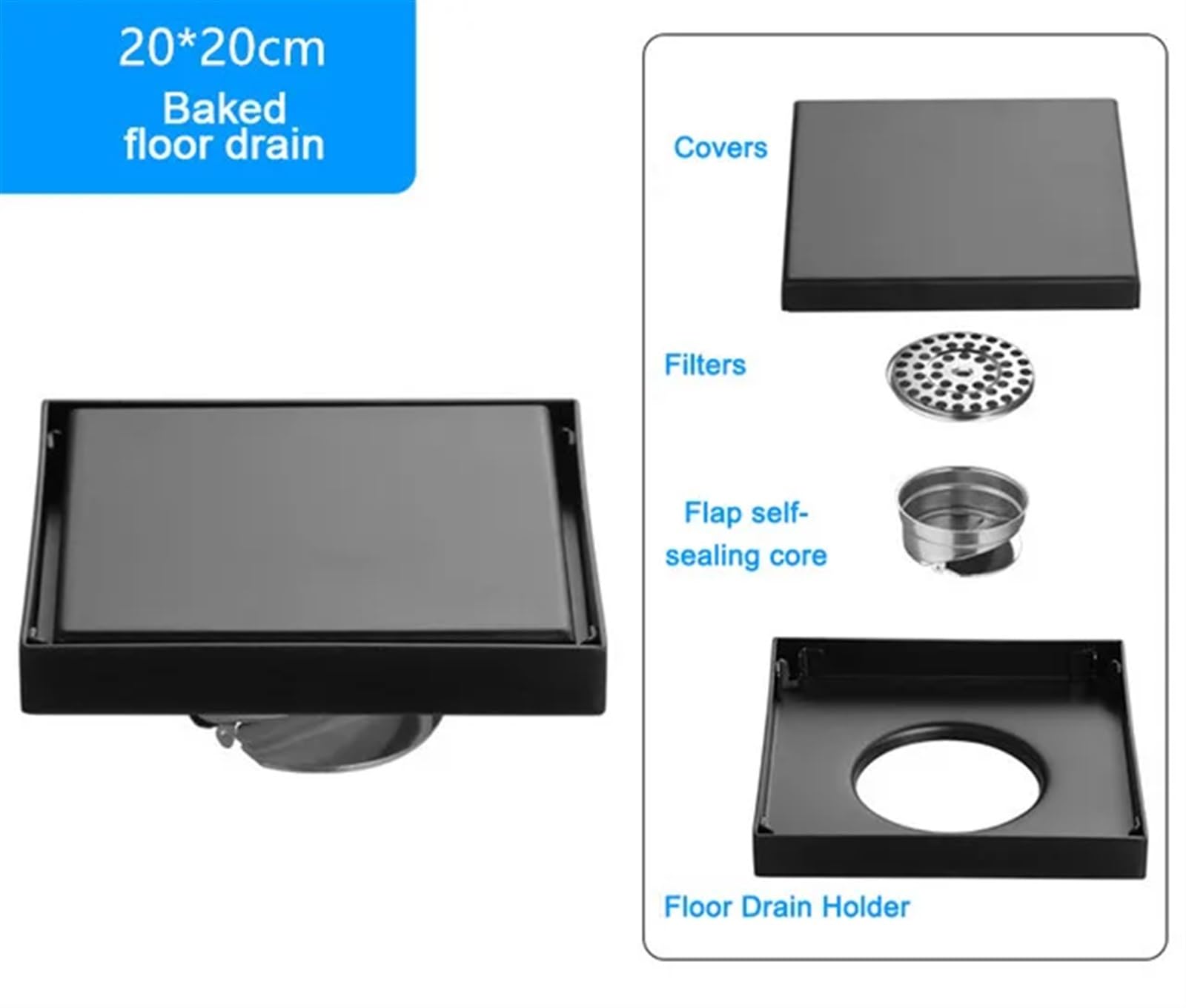 Desagüe de Suelo Invisible para baño, Filtro de residuos Cuadrado de 10/12/15 cm, antiolor, para Ducha, Accesorios de baño (20 x 20 cm)