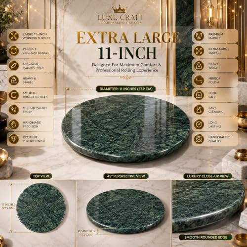 Image of Luxe Craft Green Marble Chakla | Heavy Stone Roti Maker Board | Handmade Chapati Rolling Board for Kitchen | Premium Marble Roti Chakla for Chapati, Puri, Paratha & Baking Dough (11 Inch Green)