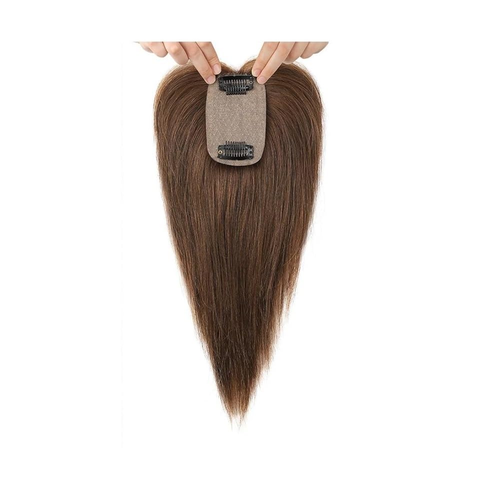 Postizo de cabello humano con flequillo for mujer, 25 cm con clip for cabello fino, base de seda de 8,9 x 6,35 cm. for Thinning Hair(Brown)
