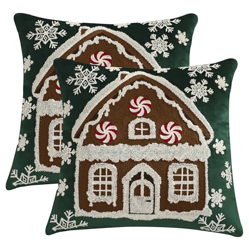 Tosleo Christmas Green Throw Pillow Covers 18x18 Set of 2 Xmas House