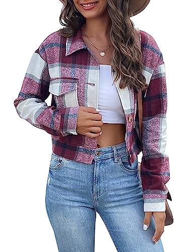 Women's Flannel Cropped Plaid Shacket Jacket Button Down Long Sleeve Shirts Tops