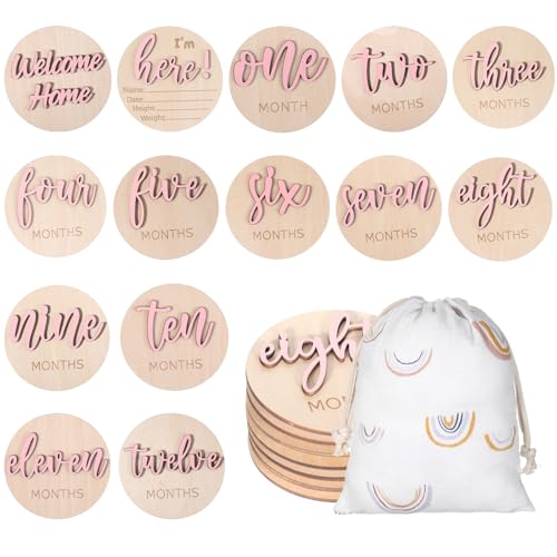 Image of 7 Pack Pink Baby Months Cards Disc 3D Baby Monthly Milestone Card Signs | Milestone Wooden Circles, Double Sided, Newborn Announcement Markers, for Welcome Newborn, Boy Girl, Photo Props
