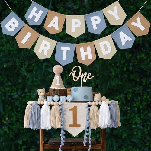 DCJHFJ First Birthday Decorations for Boy Felt Khaki Blue Happy Birthday High Chair Banner Pre-Strung 1st Birthday