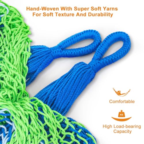 Image of Lazy Daze Hammocks Handwoven XL Mayan Hammock, 10.5 FT Soft Rope Double Hammocks, Portable Outdoor Hammock with Carry Bag, 2 Straps & Carabiners for Patio Outside, 550 lbs Weight Capacity, Blue /Green