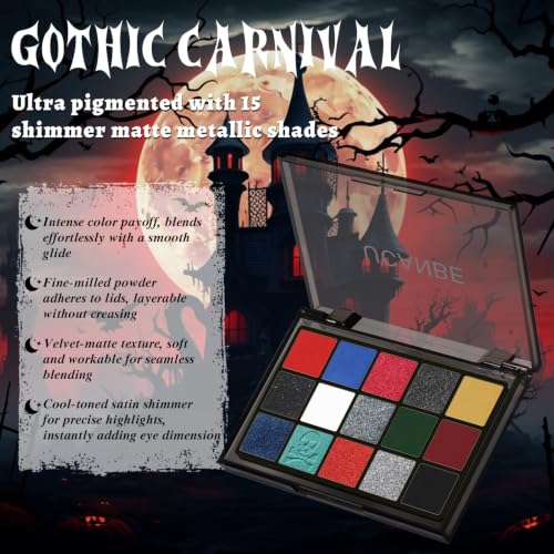 Image of UCANBE Halloween Eyeshadow Palette, 15 Colors Matte Shimmer Metallic Eye Shadow Palette, Highly Pigmented Blendable Makeup Palette for Cosplay, Costume Party, Gothic Smoky Eye & Festival Makeup