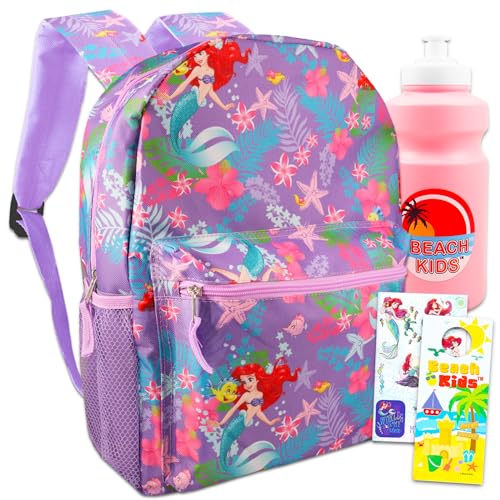 Disney Mochila infantil Little Mermaid – Pacote com mochila Ariel de 40,6 cm, garrafa de água, adesivos, mais | A Pequena Sereia para meninas, Disney Mochila Princess, Princess Ariel Backpack Set, A