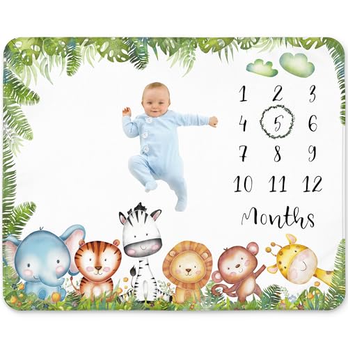 Image of Safari Milestone Blanket for Boy – Jungle Animals Theme, Monthly Tracker with Wreath, Soft Fleece 50x40, Newborn Photo Prop, Cute Nursery Decor for New Moms