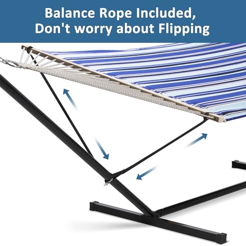 Image of SUNCREAT Two Person Hammock with Stand Heavy Duty, Free Standing Hammocks Outdoors for 2 Person, Max 475lbs Capacity, Blue Stripes