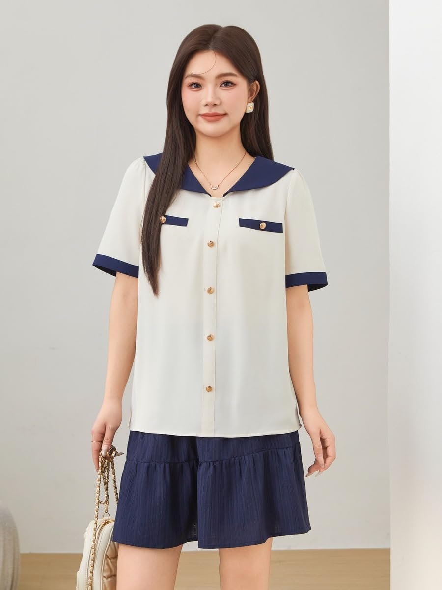 Bubble Sleeve Navy Collar Temperament Top