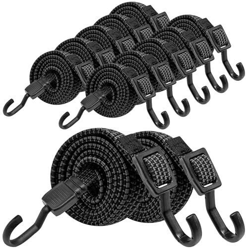 Image of Bungee Cords with Hooks, 40 Inch Flat Adjustable Bungee Cords with Hooks Heavy Duty, Rubber Black Bungee Straps with Buckle Hooks for Outdoor, Camping, Tarps, Bike Rack, Tent, Truck, 12 Pack
