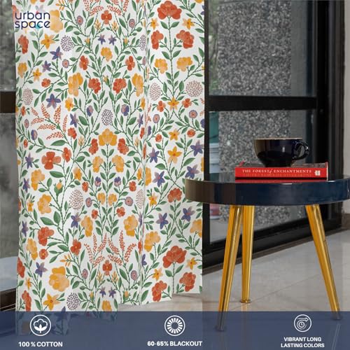 Image of Urban Space 100% Cotton Floral Curtains 8 Feet Long Set Of 2, 60-65% Room Darkening, Decorative Curtains With Eyelets /Rings For Hanging, Tieback Included (Vasant, Long Door - 8 Feet), White