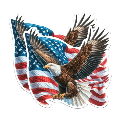 (2 Pack) Patriotic Bald Eagle Waving USA American Flag Stickers - US Pride - 5 Inches On Longest Side - Premium Vinyl - for Cars, Skateboards, Laptops - Made in USA - BMCS1368