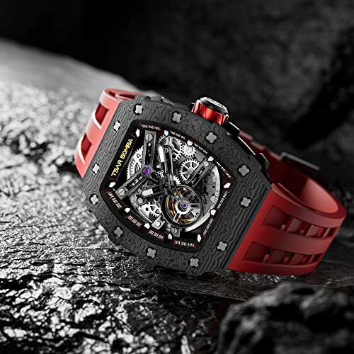 Image of TSAR BOMBA Men's Automatic Watch Tonneau Luxury Skeleton Watches for Men Mechanical 50M Waterproof Analogue Watches Mens Unique Cool Square Big Face Dial Wristwatch with Silicone Strap Band