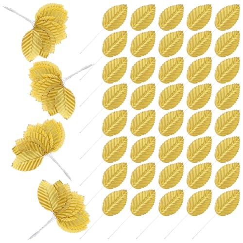 Foyods Gold Artificial Leaves with Stems - 120 PCS Realistic Silk/Fabric Leaves Golden Fabric Floral Fake Wire Crafts Leaves DIY Corsage Single Leaf for Wedding Party Home Decor Flower Bouquet