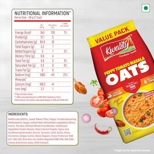 Image of Kwality Peppy Tomato Masala Oats 400g | Healthy Breakfast | High Fiber & Protein | Ready-to-Cook | Spicy Flavor
