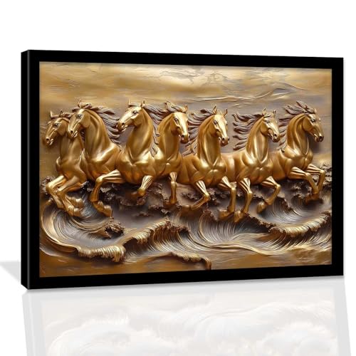 Image of HOTHOUSE Seven Running Vastu Lucky Horse Painting | 7 Horses Vastu Frame Wall Art Painting for Living Room Bedroom Office Home Decor Wall Decor Size (13X17 inch)