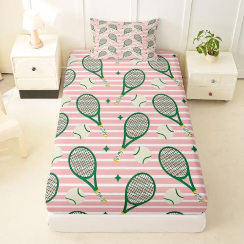 Cartoon Tennis Fitted Sheet Twin Size (No Flat),Small Star Dots Bedding Sets 2Pcs,Kids Girls Boys Room Decor,Pink Stripe Bed Sheets Outdoor Sport Ball Game Deep Pocket Sheet,1 Pillowcase