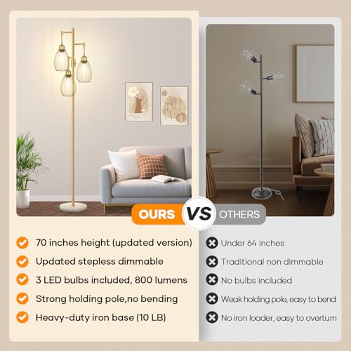 Image of Dimmable Floor Lamp,3x800LM LED Bulbs Included, Farmhouse Industrial Floor Lamp Standing Tree Lamp with Teardrop Cage Head Tall Lamp for Living Room Bedroom Office Dining Room - Gold & Marble Base
