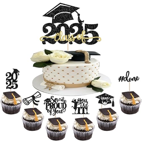 25 Stück 2025 Abschluss Tortendeko Graduation Grade Cap Kuchen Deko So Proud of You Cupcake Toppers für 2025 Abschluss Party Kuchen Dekoration Schwarz