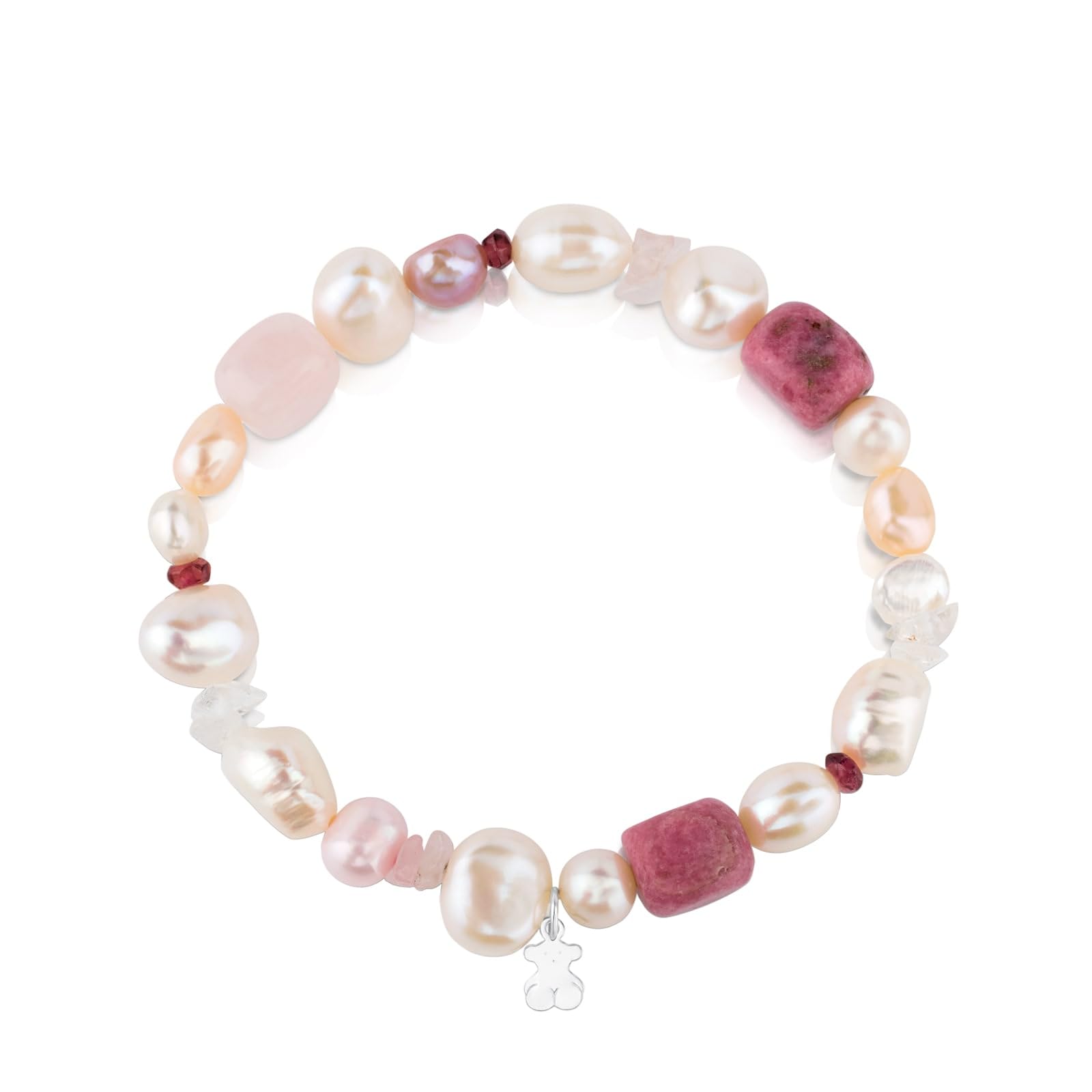 TOUS Pulsera de Perlas, Granate, Rodonita y Cuarzo para Mujer con Motivo de Oso en Plata de Primera Ley, 17,5 cm de Largo, Elegante y Clásica, Colección Pearl