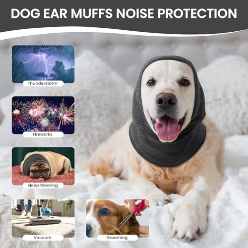 Image of BRKURLEG Dog Calming Hoodie, Dog Ear Muffs for Noise Protection, Pet Anxiety Relief Head Cover and Ears Protector, Dogs Ear Wrap for Grooming Bath and Drying, Grey,L