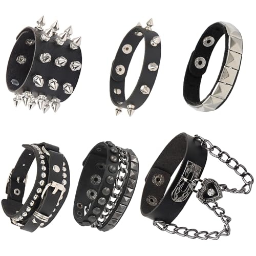 6Pcs Punk Goth PU Leather Bracelet Studded Spike Rivet Buckle Wristband Cuff Bangle Black Gothic Steampunk for Men Women Unisex 80s Cool Rock Style Party Favors Jewelry Cosplay Night Club Sexy Gift Halloween Christmas Accessories