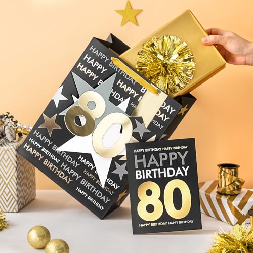 Image of Loveinside 80th Birthday Gift Bag for Men, Black and Gold Number 80 inch Design with Tissue Paper and Greeting Card for Birthday Party Celebration - 10 inch x 5 inch x 13 inch, 1 Pcs, Black Gold