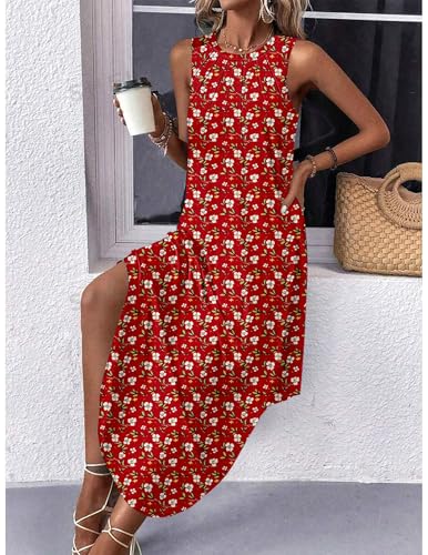 Image of Zeagoo Women Floral Summer Casual Beach Printed Tank Dress with Pockets Pleated Front Long Dress