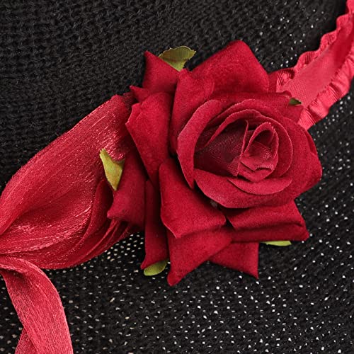 TINAYAUE Dark Novel Gothic Black Knitted Witch Hat with Rose Flower Bowknot for Women Girls Wide Brim Pointed Modern Wizard Cap Halloween Cosplay Carnival Fancy Dress Party Christmas Costume Headgear - Image 4