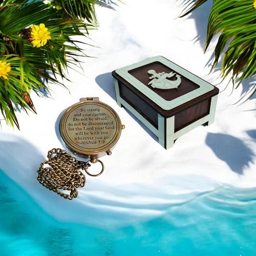Brújula de latón grabada con caja de madera miniatura 2