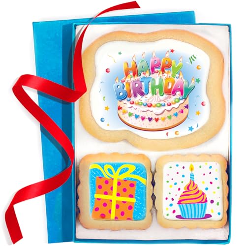 Happy Birthday Cookies Gift Basket For Men, Women, Kids, Boys, Him Decorated Sugar Cookie Gift Box | Nut Free | 3 Pack | Kosher