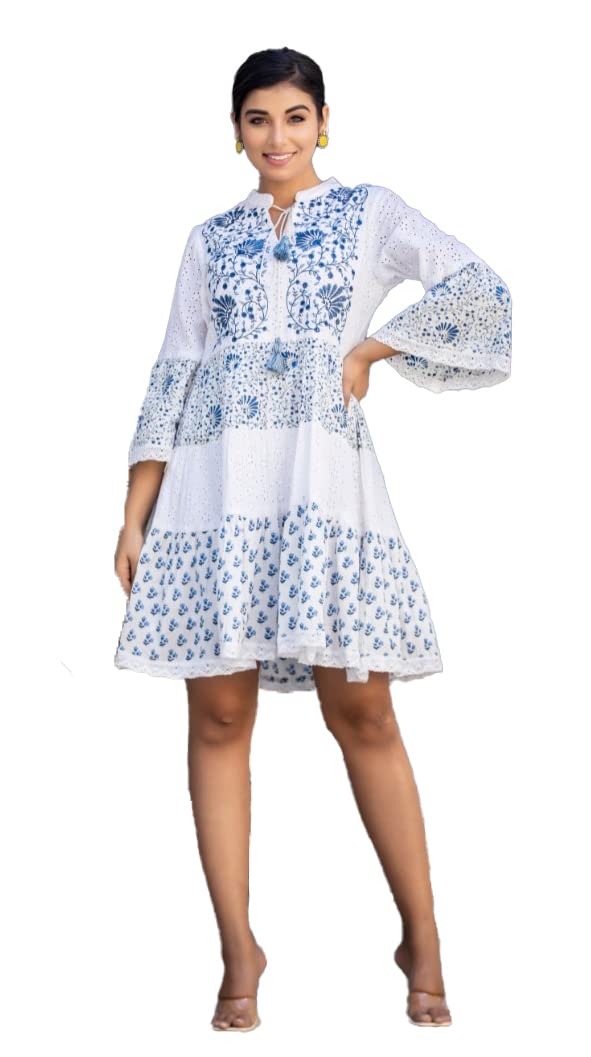 VastraAnanta Womens White Shiffli Printed Tunic for Ladies |3/4 Sleeve Frock for Ladies Mid Length Cocktail Dress