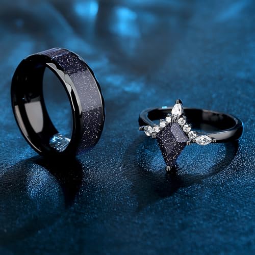 Custom Black Matching Rings - Couples' Blue Sandstone, Kite Cut with Personalized Engraving4