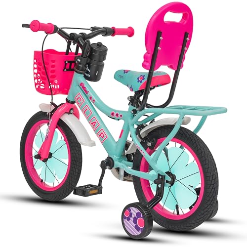 Image of Petal 14T Kids Bicycle with Training Wheels | Backrest, Basket & Full Chain Cover | Ideal for Girls Aged 3-5 Years (Sea Green-Pink, 14T)