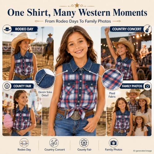 Image of Bienzoe Western Plaid Girls Shirt: Sleeveless Button Down