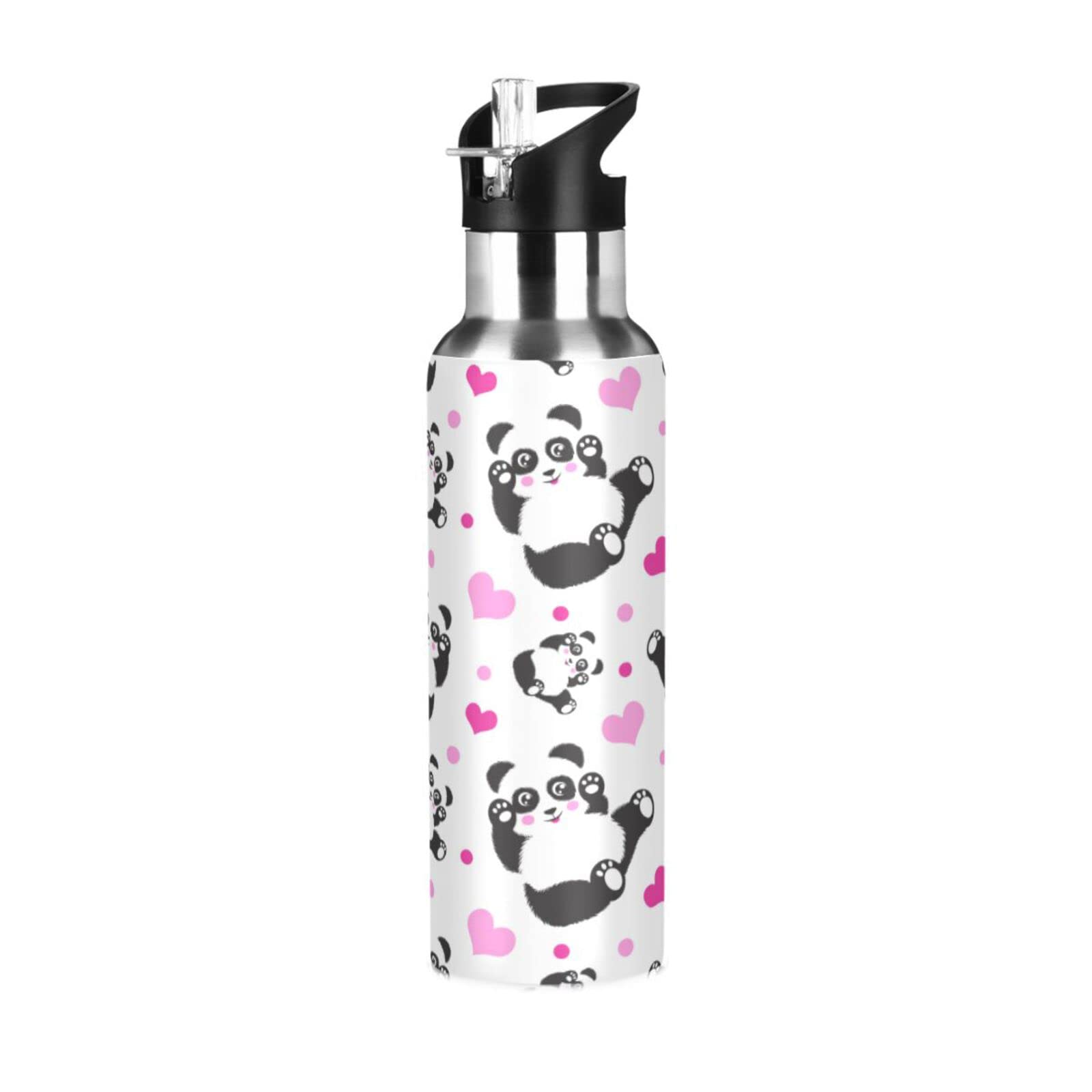 ALAZA Panda Heat Dots Water Bottle With Straw Lids Boys Girls,Vacuum Insulated Leakproof Stainless-Steel Sports Bottle Thermal Flask For Gym Yoga Camping,20Oz (600Ml)